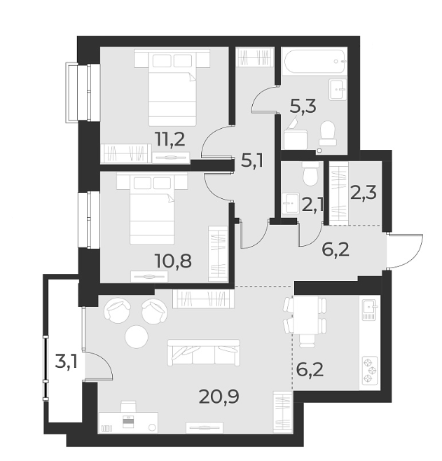 Планировка — Русское солнце, 3-комн., 70 м²