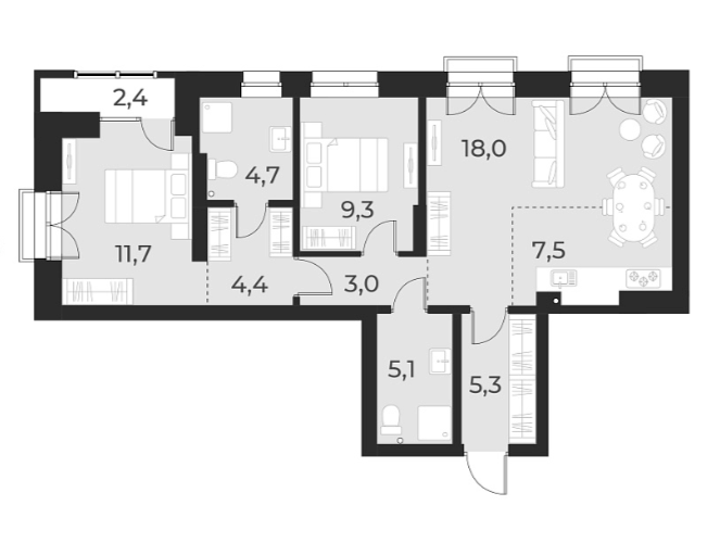 Планировка — Русское солнце, 3-комн., 69 м²