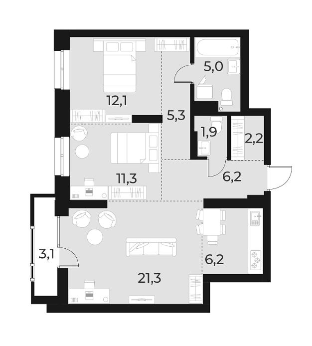 Планировка — Русское солнце, 3-комн., 72 м²