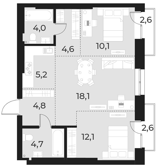 Планировка — Русское солнце, 3-комн., 64 м²