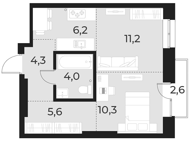 Планировка — Русское солнце, 2-комн., 42 м²