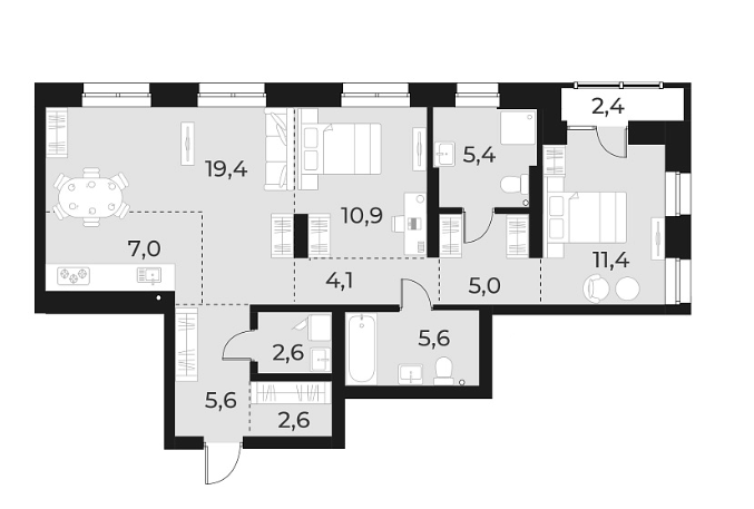 Планировка — Русское солнце, 3-комн., 80 м²