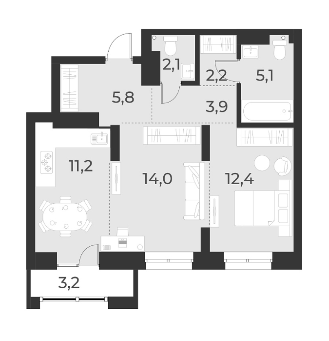 Планировка — Русское солнце, 2-комн., 57 м²