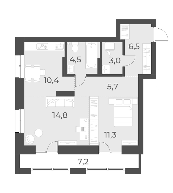 Планировка — Русское солнце, 2-комн., 56 м²
