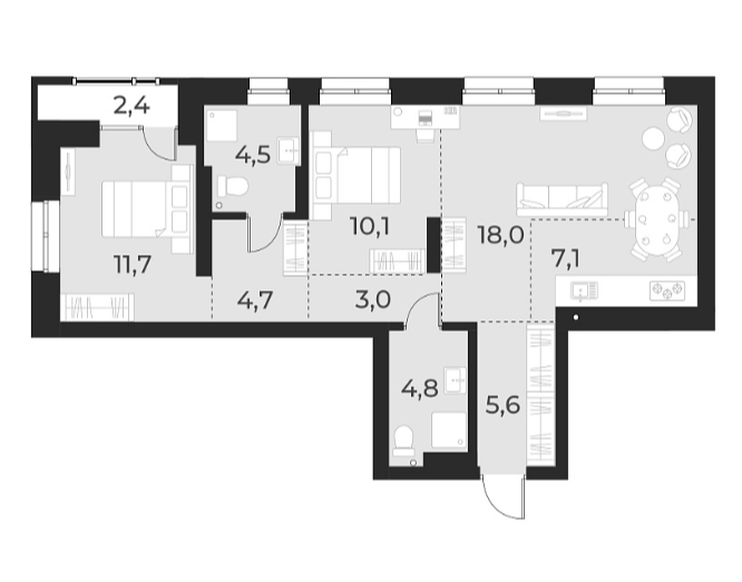 Планировка — Русское солнце, 3-комн., 70 м²