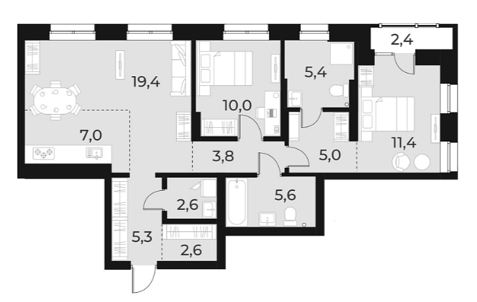 Планировка — Русское солнце, 3-комн., 78 м²