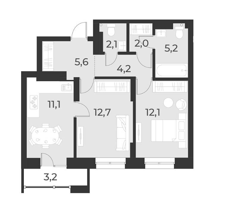Планировка — Русское солнце, 2-комн., 55 м²