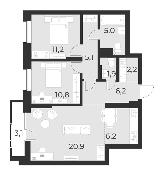 Планировка — Русское солнце, 3-комн., 70 м²