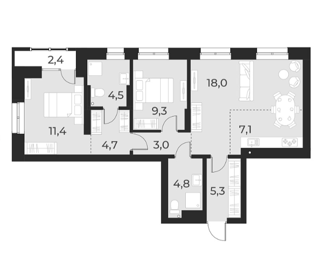 Планировка — Русское солнце, 3-комн., 68 м²
