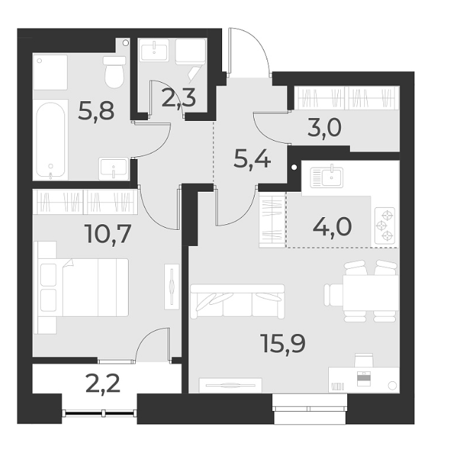 Планировка — Русское солнце, 2-комн., 47 м²