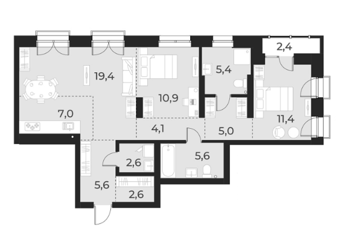 Планировка — Русское солнце, 3-комн., 80 м²