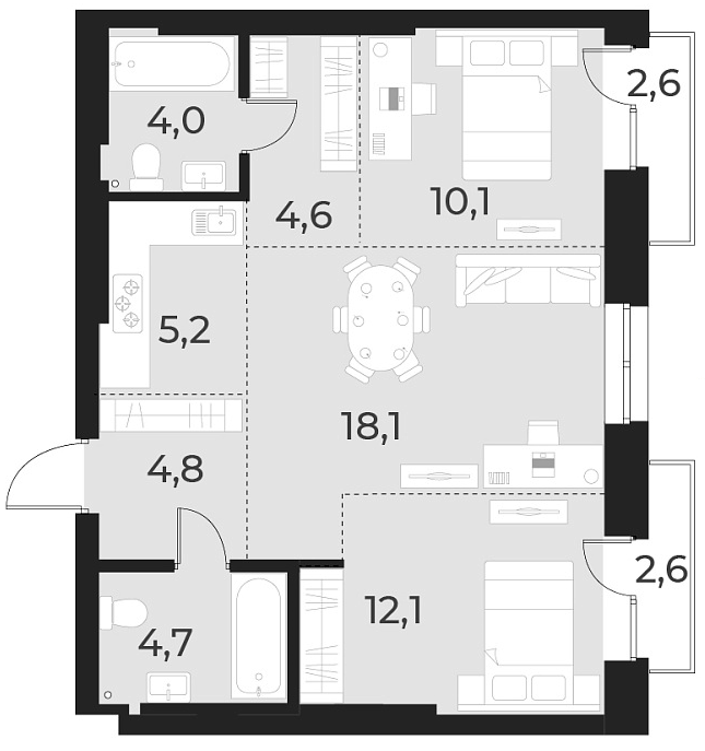 Планировка — Русское солнце, 3-комн., 64 м²
