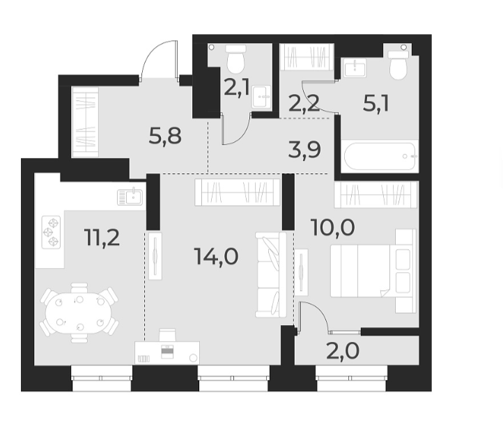 Планировка — Русское солнце, 2-комн., 54 м²
