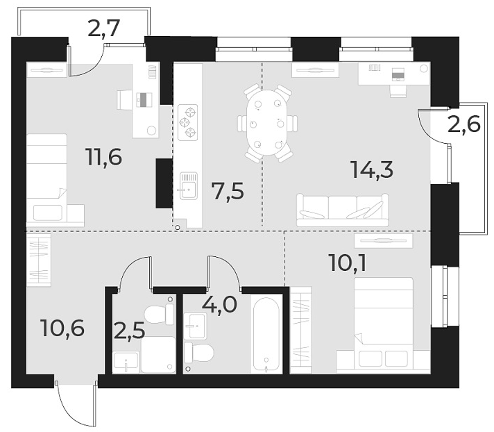 Планировка — Русское солнце, 3-комн., 61 м²