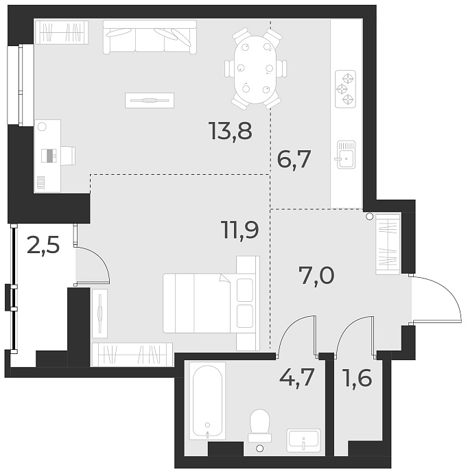 Планировка — Русское солнце, 2-комн., 46 м²