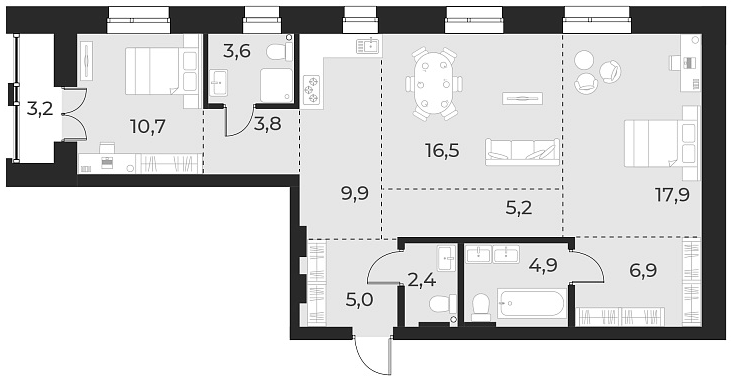 Планировка — Русское солнце, 3-комн., 87 м²