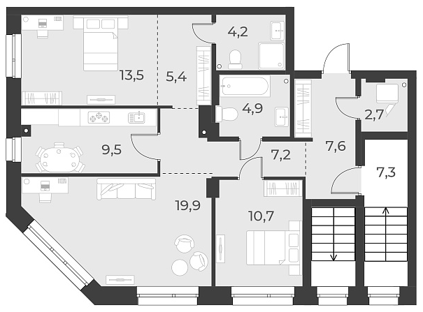 Планировка — Русское солнце, 3-комн., 93 м²
