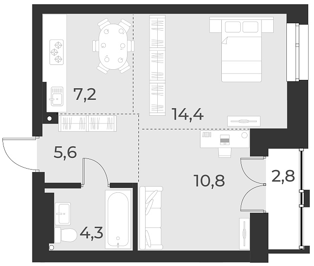 Планировка — Русское солнце, 2-комн., 42 м²