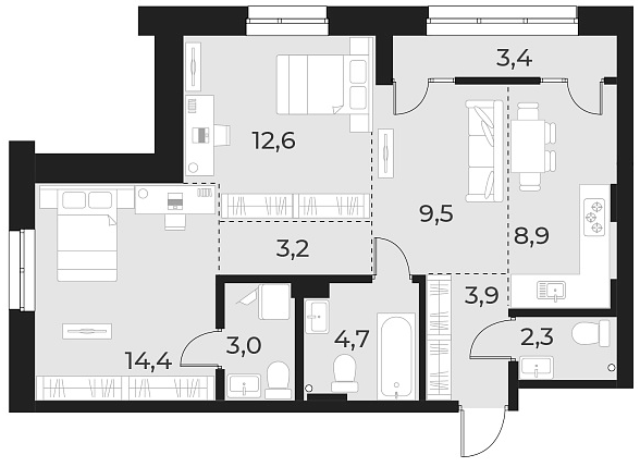Планировка — Русское солнце, 3-комн., 63 м²