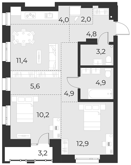 Планировка — Русское солнце, 3-комн., 64 м²