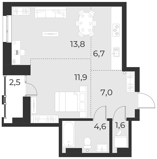 Планировка — Русское солнце, 2-комн., 46 м²