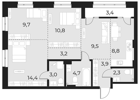 Планировка — Русское солнце, 4-комн., 70 м²
