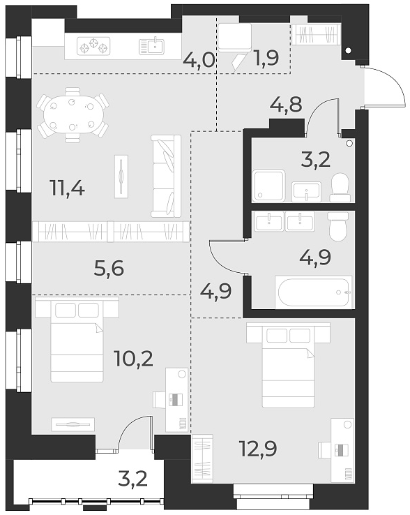 Планировка — Русское солнце, 3-комн., 64 м²