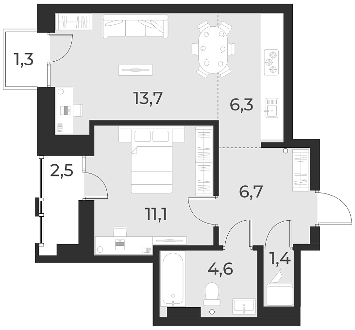 Планировка — Русское солнце, 2-комн., 44 м²