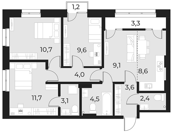 Планировка — Русское солнце, 4-комн., 67 м²