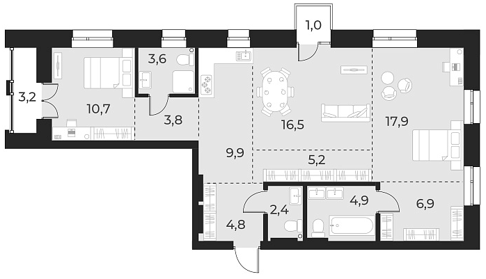Планировка — Русское солнце, 3-комн., 87 м²
