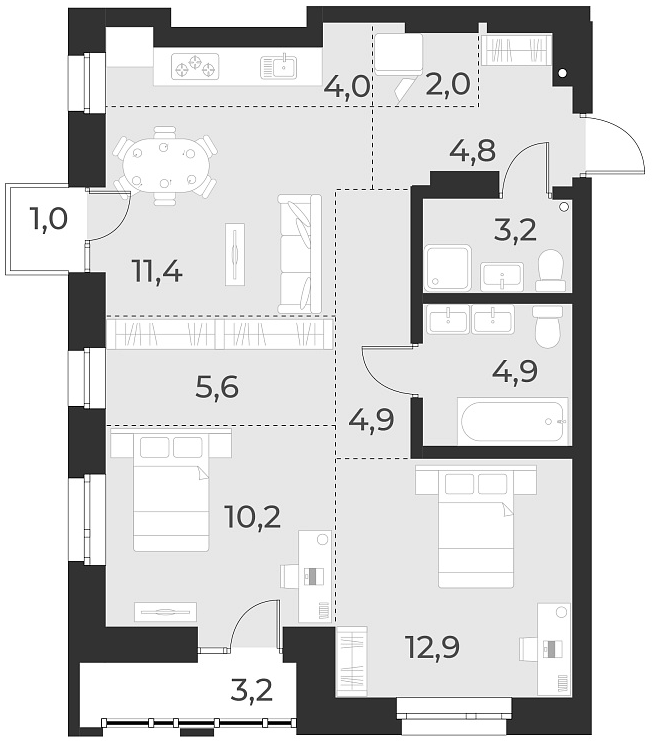Планировка — Русское солнце, 3-комн., 64 м²