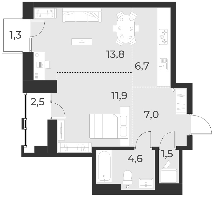 Планировка — Русское солнце, 2-комн., 46 м²
