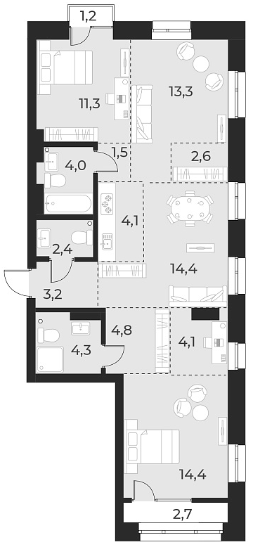 Планировка — Русское солнце, 4-комн., 84 м²