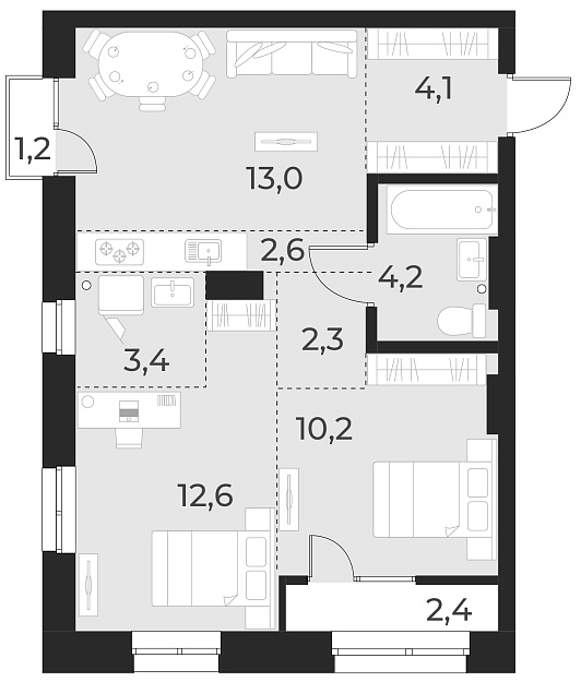 Планировка — Русское солнце, 3-комн., 52 м²