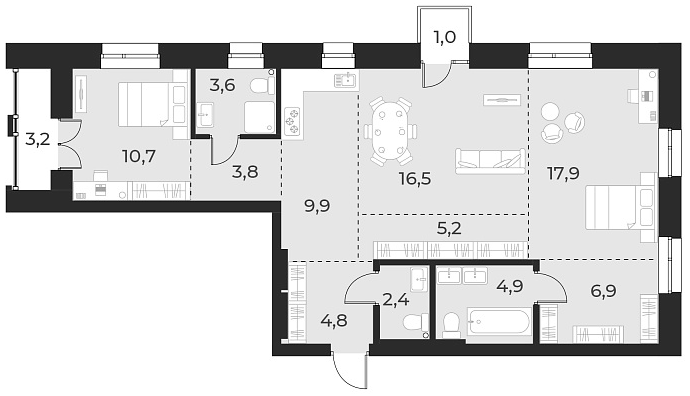 Планировка — Русское солнце, 3-комн., 87 м²