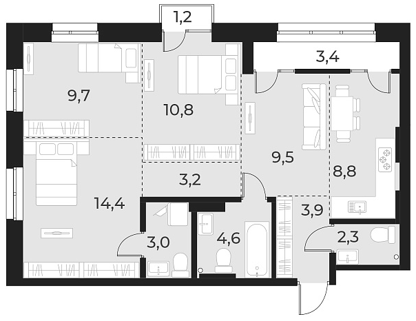 Планировка — Русское солнце, 4-комн., 70 м²