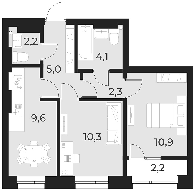 Планировка — Русское солнце, 2-комн., 44 м²