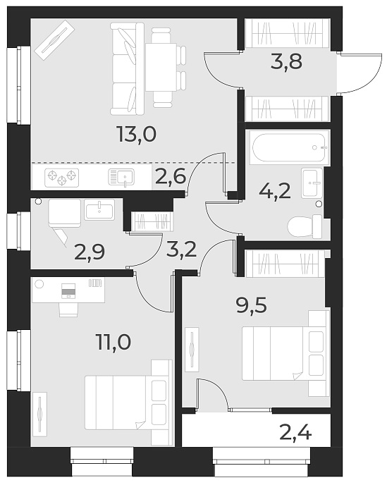 Планировка — Русское солнце, 3-комн., 50 м²