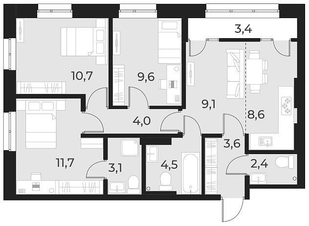 Планировка — Русское солнце, 4-комн., 67 м²