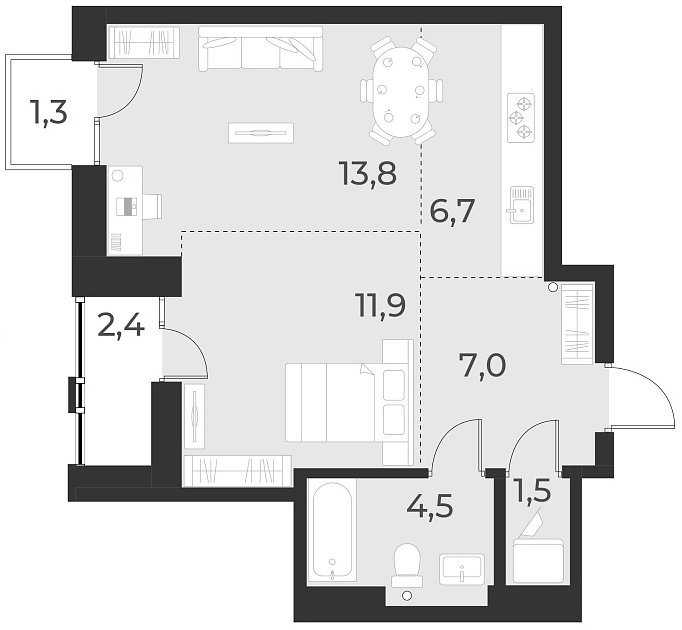 Планировка — Русское солнце, 2-комн., 46 м²