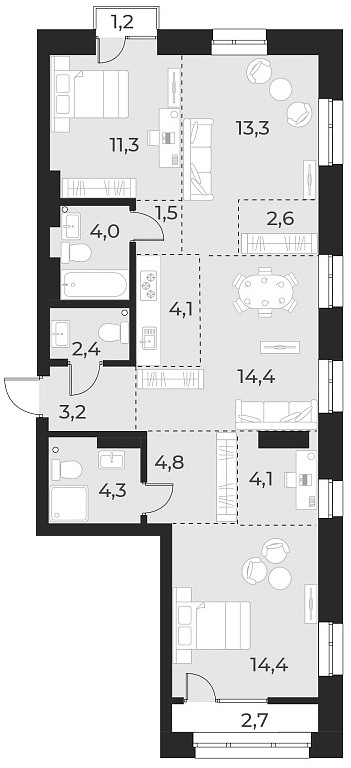 Планировка — Русское солнце, 4-комн., 84 м²