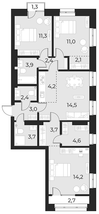 Планировка — Русское солнце, 4-комн., 81 м²