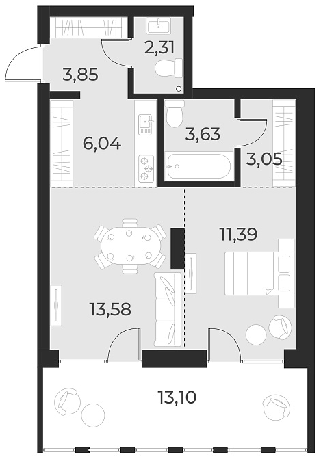 Планировка — Русское солнце, 2-комн., 44 м²