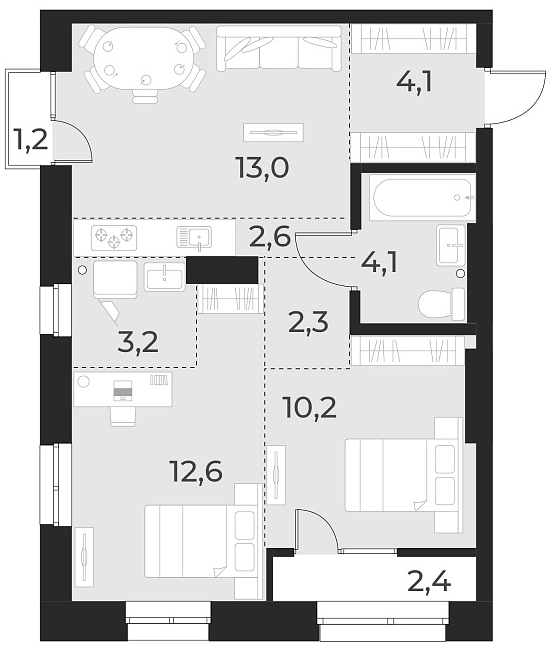 Планировка — Русское солнце, 3-комн., 52 м²