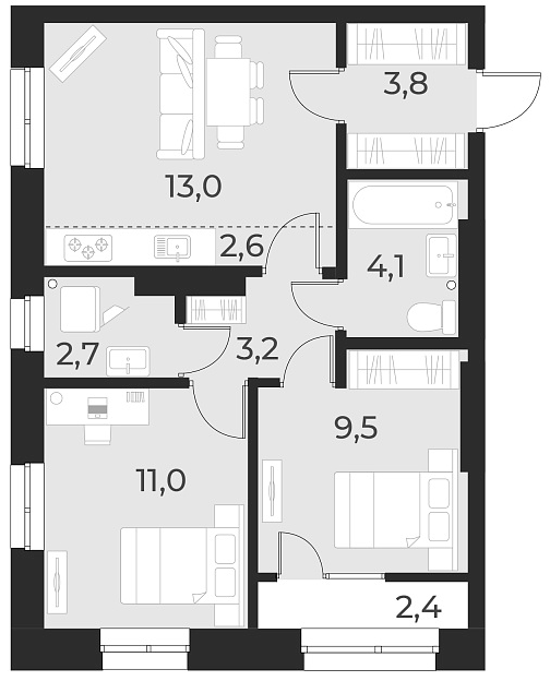 Планировка — Русское солнце, 3-комн., 50 м²