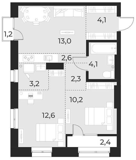 Планировка — Русское солнце, 3-комн., 52 м²