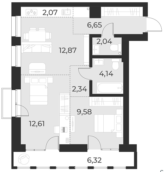 Планировка — Русское солнце, 3-комн., 52 м²