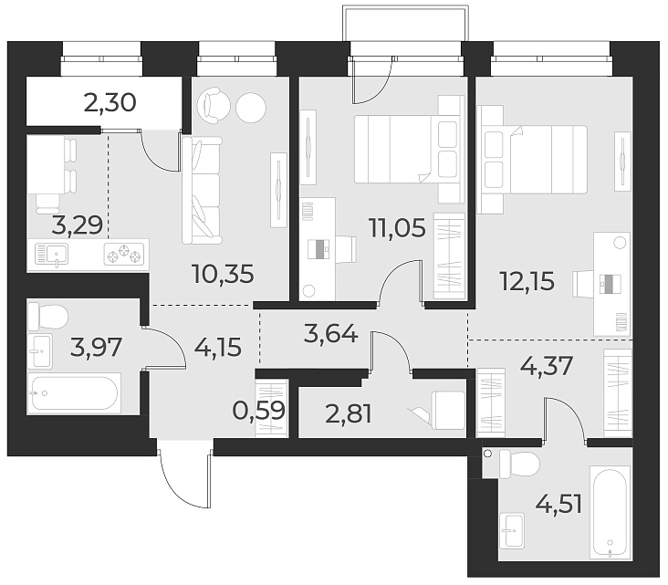 Планировка — Русское солнце, 3-комн., 61 м²