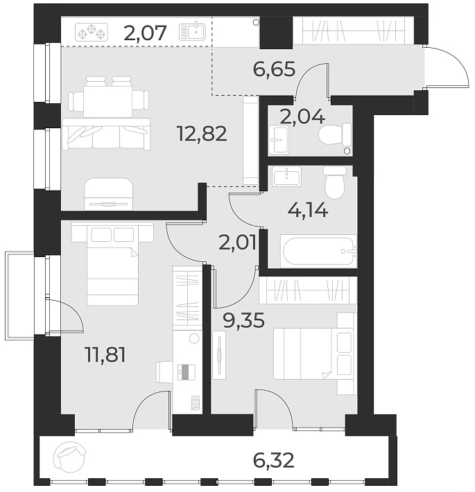 Планировка — Русское солнце, 3-комн., 51 м²