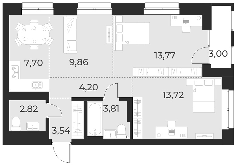 Планировка — Русское солнце, 3-комн., 59 м²